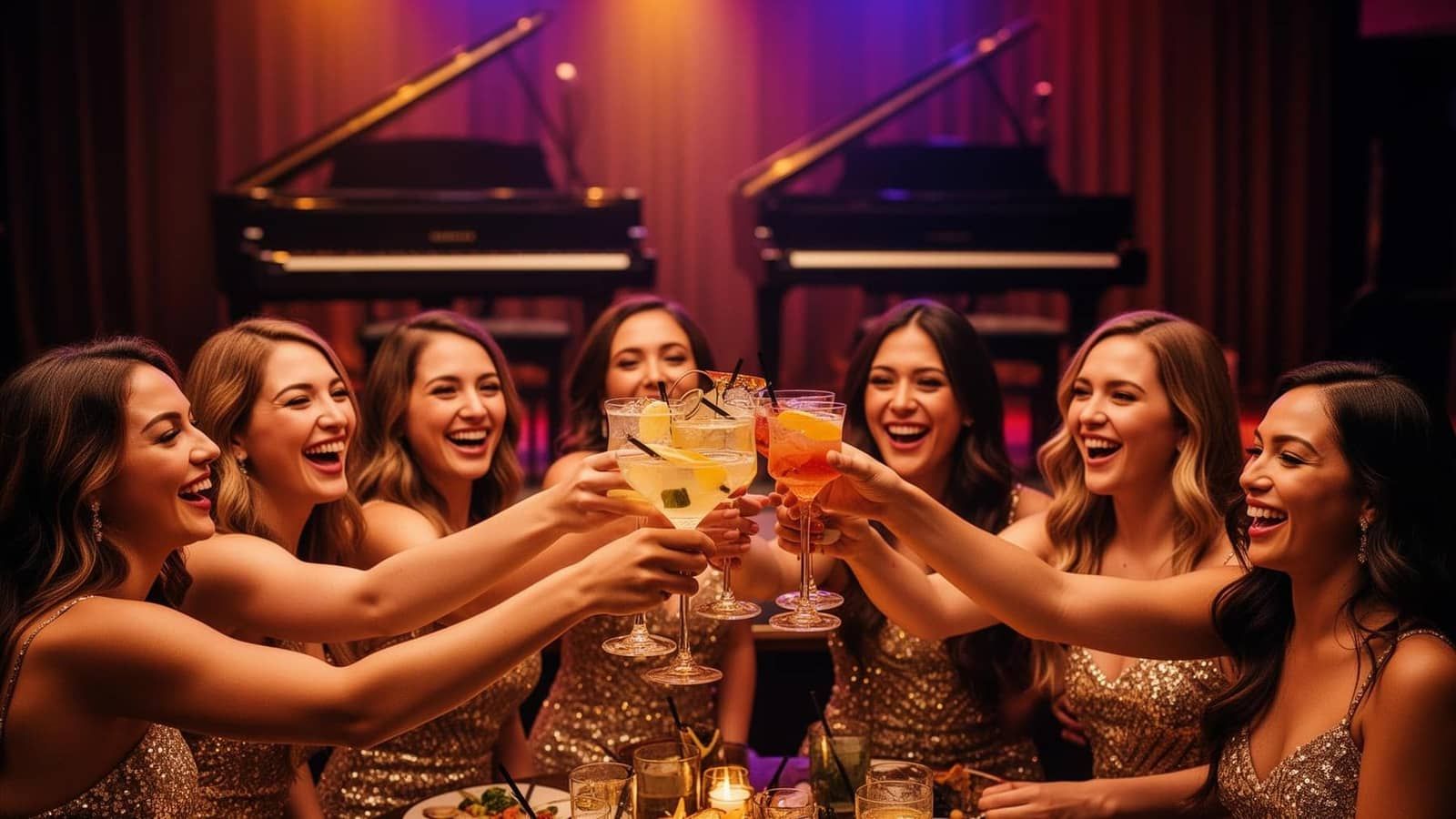 Friends celebrating a big night out at a group-friendly bar and grill in downtown Charleston SC