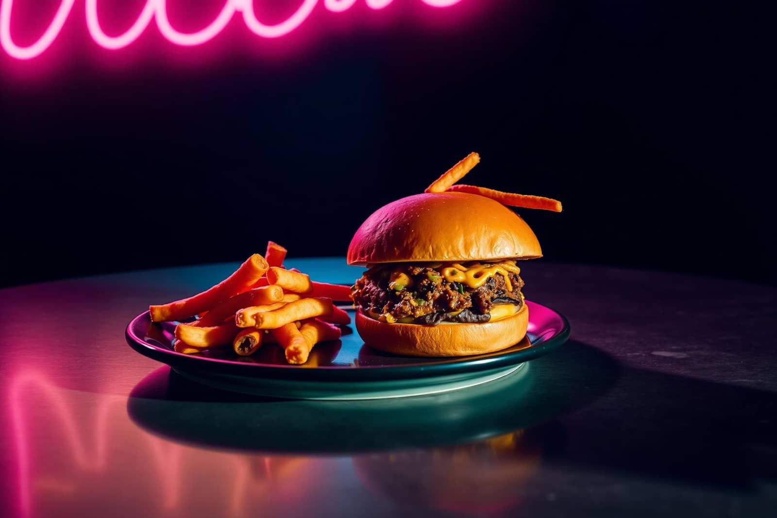 Signature smash burger under neon