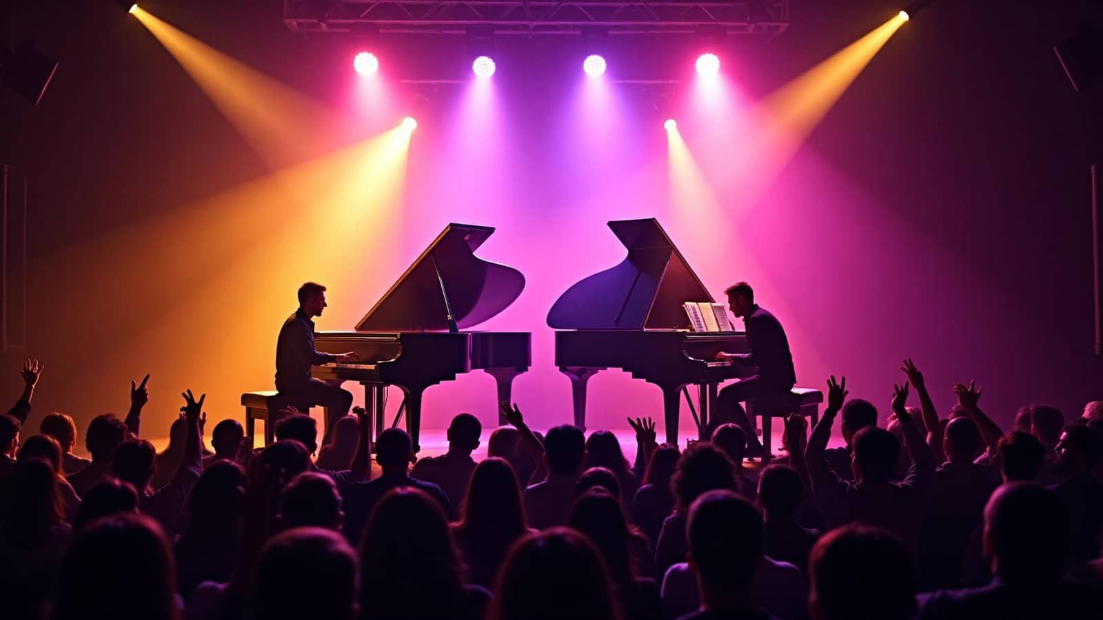 Two grand pianos on stage at a dueling pianos show in Charleston SC at John King Grill on King Street